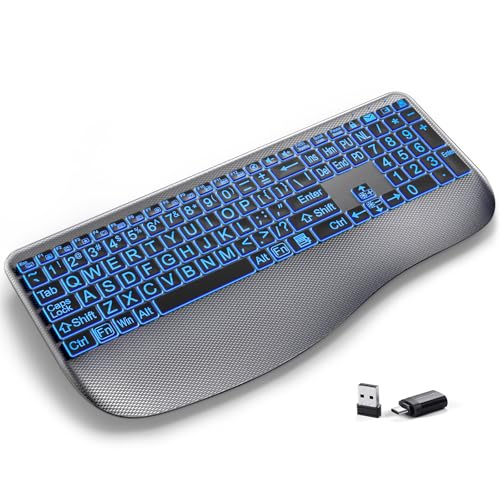 Hamile Large Print Wireless Backlit Keyboard for Windows, Gray | Rechargeable keyboard with quiet low-profile keys, 7-color backlight memory, full-size layout, and extra-large wrist rest - color: Gray