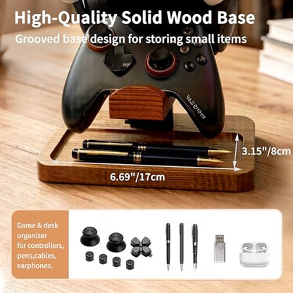 Solid Wood Headphone Stand with Controller Holder, Space-Saving Dual Hanger & Gamepad Organizer for Desktop, Gaming Desk Accessories with Stable Base Storage