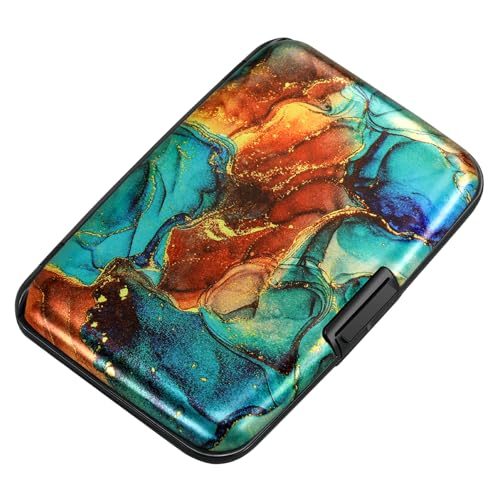 Mini RFID Aluminum Wallet Credit Cards Holder Business Card Case Metal ID Case for Men Women（Blue Brown Marble - color: Blue Brown Marble