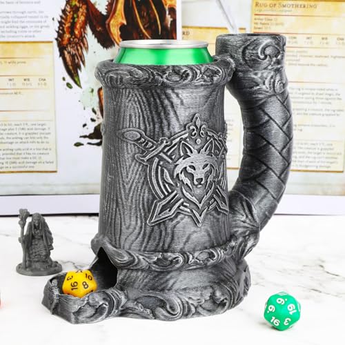 Dungeons and Dragons Dice Tower, Dice Rolling Tower for RPG & Board Games | Hand-Painted Gothic Pen Stand, Dice Organizer & Beverage Holder–Gift for TTRPG Enthusiasts-FF287B Silver - color: Silver, style: FF287-Wolf Crest Cup