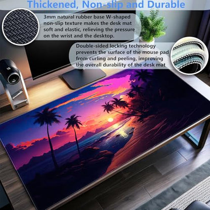 Beach Sunset Desk Mat, Synthwave XXL Large Gaming Mouse Pad | Aesthetic tropical neon desk pad with comfortable 3mm cushion, smooth fabric top, and non-slip natural rubber base. - color: Sunset Beach