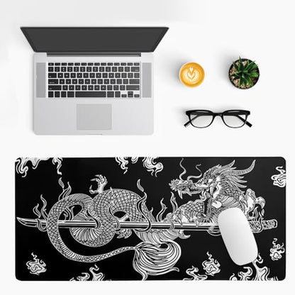 Dragon Gaming Mouse Pad - Black, Large (31.5x11.8 Inch), Non-Slip Base, Stitched Edge for Gaming & Office - color: Dragon