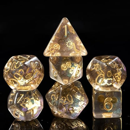 Cusdie DND Dice Set Filled with Gears Polyhedral Dice Sets for Playing DND Dice (Galaxy w/Golden Gears) - color: Galaxy W/Golden Gears