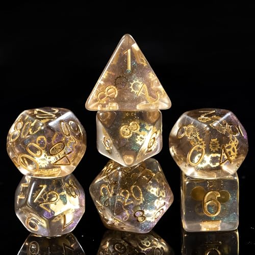 Cusdie DND Dice Set Filled with Gears Polyhedral Dice Sets for Playing DND Dice (Galaxy w/Golden Gears) - color: Galaxy W/Golden Gears