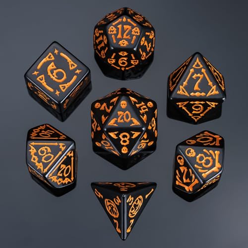 7-Die DND Dice Set Scary Pattern Polyhedral Dice Set with Leather Bag, Skull Dice D&D Dice Set for RPG Table Games. (Scary Pattern-Black) - color: Halloween Pattern-black