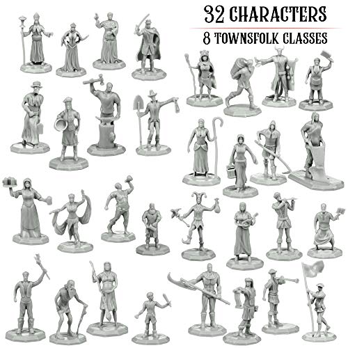 Townsfolk Mini Fantasy Figures Non Player Characters NPC - 32 Unique Miniatures - Nobility, Merchants, Peasants, Entertainers - Compatible w DND Dungeons Dragons Pathfinder RPG Games