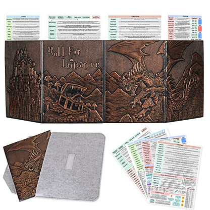 CZYY Faux Leather Dungeon Master Screen, 4-Panel DM Screen with Pockets | 3D Embossed Cover, 4 Erasable A4 Sheet Pockets, Reference Inserts & Felt Case Included, For RPG Sessions & Game Nights