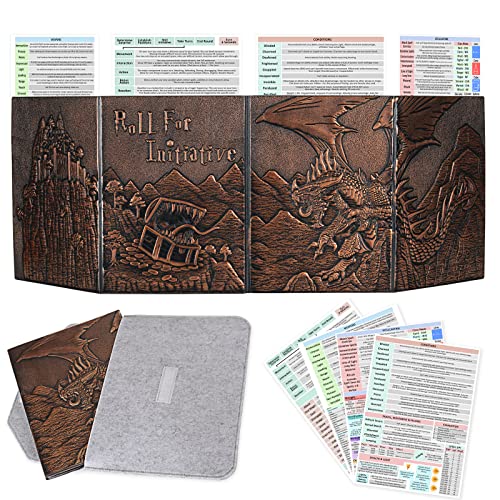 CZYY Faux Leather Dungeon Master Screen, 4-Panel DM Screen with Pockets | 3D Embossed Cover, 4 Erasable A4 Sheet Pockets, Reference Inserts & Felt Case Included, For RPG Sessions & Game Nights