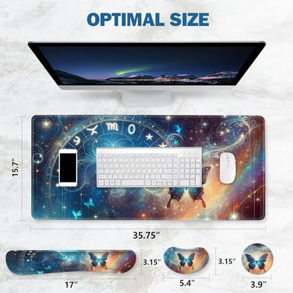 ToLuLu Large Mouse Pad Desk Pad Set, Wrist Rest Support Desk Mat for Keyboard and Mouse, 4PCS 35.4”x15.7 XXL Giant Mouse Pad, Non-Slip Base Stitched Edges Mousepad Home Office, Glittering Butterfly - color: Glittering Butterfly
