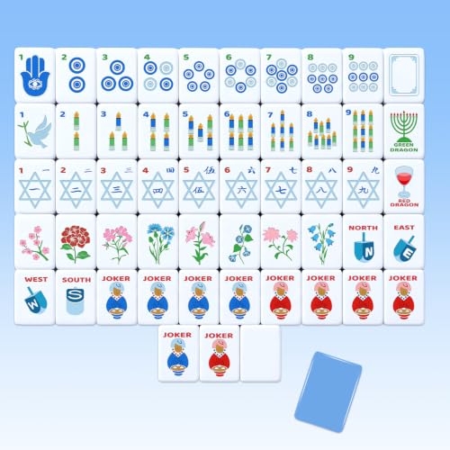 160 Pcs American Mahjong Tiles Set Blue, Mini 1.2 Inch Mahjong Tiles with Rosh Hashanah Themed Protable Mah Jong Game Set for Jewish New Year Holiday Family Gathering Hanukkah Gift - style: Jewish