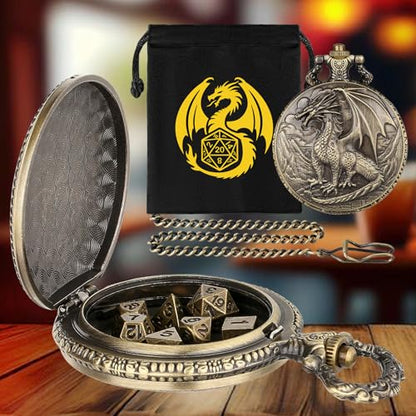 Mini DND Dice Set with Steampunk Dragon Pocket Watch Shell Case, 7pcs Polyhedral Metal DND Dice Set, DND Starter Set, D&D Gifts with Dragon Logo Gift Bag, Role Playing Board Games Accessories, Bronze - color: Bronze