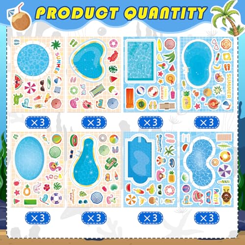 Summer Stickers, Make a Pool Sticker, Make Your Own Stickers for Kids | 24 Sheets Pool Stickers, Mix & Match Craft Kit for Summer Party Favors & Activities - style: Pool