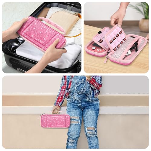 FINTIE Shockproof Carrying Case for Nintendo Switch Lite 2019 | Hard Shell Protective Cover, Portable Travel Storage Bag, Game Card / Micro SD Card Slots, Inner Pocket, Glittering Pink - color: Glittering Pink