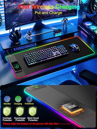 Wireless Charging Mouse Pad Gaming, 31.5"x15.8" Large Desk Mat, Waterproof | RGB Mousepad, Smooth Glide, Stitched Edge, Non-Slip Rubber Base, Desk Pad Computer Keyboard Mat, No Adapter - color: RGB-31.5"x15.8"