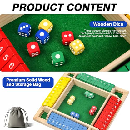 Shut The Box Game Wooden Board Dice Game, 2-4 Players Table Math Games for Kids and Adults, Fun Family Game Night Classroom Home Party or Pub Strategy Games