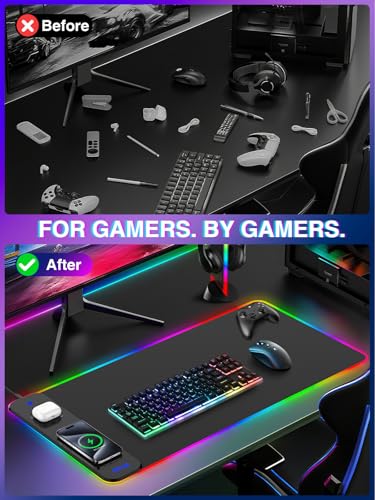 Magnetic Charging Mouse Pad 31.5x15.75, 15W Fast Wireless Charging Desk Mat, XXL Desk Pad RGB Gaming Mousepad, Home Office Large Keyboard Pad with Ultra-Smooth Surface, Non-Slip Base - color: 31.5x15.75"Magnetic RGB-Black