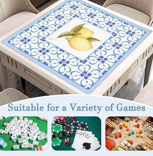Boho Blue Summer Italian Lemon Mahjong Mat 31.5x31.5 Inch, Mediterranean Tiles Non-Slip and Noise Reduction Mah Jong Table Mat Cover Gifts for Mahjong Lovers Poker Board Games Dominoes - color: Summer Italian Lemon