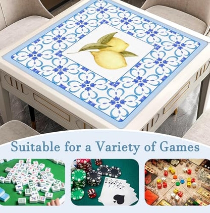 Boho Blue Summer Italian Lemon Mahjong Mat 31.5x31.5 Inch, Mediterranean Tiles Non-Slip and Noise Reduction Mah Jong Table Mat Cover Gifts for Mahjong Lovers Poker Board Games Dominoes - color: Summer Italian Lemon