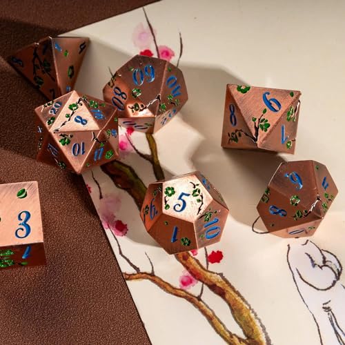 UDIXI Metal DND Dice Set Copper, 7PCS Metal Polyhedral Dice Set for D&D RPG | Green Flower, Metal Case Packaging, Heavy Metal Dice, D&D Gift, for Dungeons and Dragons Role Playing Games Tabletop Games - color: Flower/Copperblue