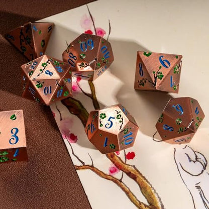 UDIXI Metal DND Dice Set Copper, 7PCS Metal Polyhedral Dice Set for D&D RPG | Green Flower, Metal Case Packaging, Heavy Metal Dice, D&D Gift, for Dungeons and Dragons Role Playing Games Tabletop Games - color: Flower/Copperblue