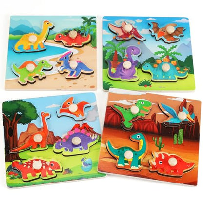 Wooden Peg Puzzles for Toddlers 1-3, Kids Educational Preschool Peg Puzzle Toy Ages 2-4, Set of 4 Dinosaur Toddler Puzzles, Ideal Gift for Ages 1 2 3 4 Boys and Girls - color: Style B
