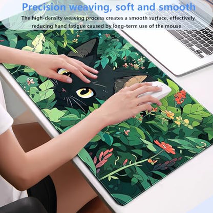 Cute Black Cat Desk Mat, Anime Green XXL Large Gaming Mouse Pad | Kawaii botanical black cat desk pad with soft 3mm cushion, smooth cloth top, and steady non-slip rubber core. - color: Black Cat