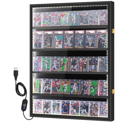GYaozii 40 LED Large Baseball Card Display Case with UV Protection | Graded Sports Card Display Frame Trading Cards Wooden Wall Cabinet with Acrylic Front for Cards Collection - size: 40 Card-1Pack with LED