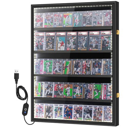 GYaozii 40 LED Large Baseball Card Display Case with UV Protection | Graded Sports Card Display Frame Trading Cards Wooden Wall Cabinet with Acrylic Front for Cards Collection - size: 40 Card-1Pack with LED