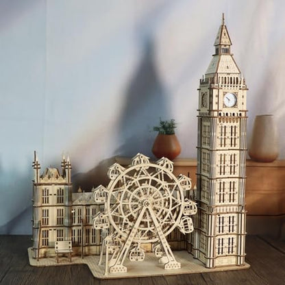 Music Park 3D Wooden Puzzle, Big Ben with LED | Big Ben clock with LED night light and London Eye Ferris wheel. DIY model building kit. Home decor gift. - color: Big Ben