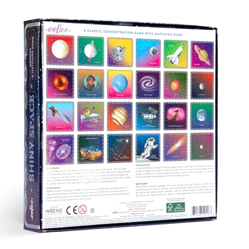 eeBoo Shiny Space Memory & Matching Game, Ages 5+, 1-6 Players | Introduces space & science vocabulary. Sharpens recognition, concentration & memory skills. Includes 48 foil tiles, 24 pairs - style: Shiny Space