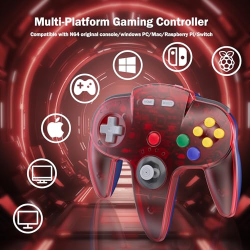 KIWITATA N64 Wireless Controller for Switch Games, 2.4GHZ Rechargeable N64 Remote Joystick Wireless Gamepad Controller Compatible with N64 System, Raspberry Pi, MAC,PC Windows 7,8,10,11 Clear Red - color: Clear red