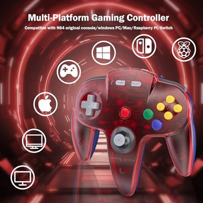 KIWITATA N64 Wireless Controller for Switch Games, 2.4GHZ Rechargeable N64 Remote Joystick Wireless Gamepad Controller Compatible with N64 System, Raspberry Pi, MAC,PC Windows 7,8,10,11 Clear Red - color: Clear red