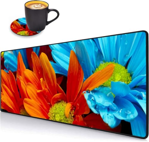 Desk Pad Mat Gaming Mouse Pads with Coasters Set, Stitched Edges Design Mouse Pad XXL Large Mouse Pad for Laptop Computers Daisy Flowers Bloom Colorful Petals Desk Writing Mat for Office & Home - color: Daisy Flowers Bloom Colorful Petals