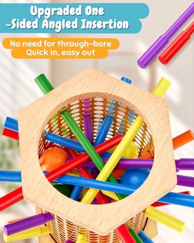 Easy-Setup Wooden Stick Montessori Tower Game for Kids 3-8 | Flexible 544-Hole Layout, Shaped No-Slip Slots, 42 Color Rods, 12 Balls, Storage Bag Included, Family Night, Ideal Gift