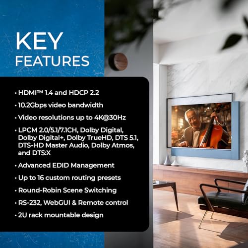 OREI 16x16 HDMI Matrix Switch – 4K@30Hz, EDID, RS-232, WebGUI, IR, HDCP 2.2 | 16x16 Switcher, 16x16 Matrix – 10.2Gbps, Scene Save & Recall, Round Robin, Dolby Atmos, DTS:X, 2U Rack Mount - size: 16X16 Matrix Switch