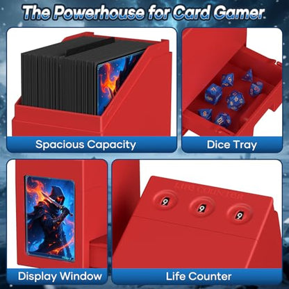 Proijeut Mtg Deck Box with Life Counter, Commander Deck Box Fits 100 Double-Sleeved Cards, Magic Card Storage Box with Commander Display & Dice Tray, Fit for MTG, TCG, CCG (Red) - color: Red