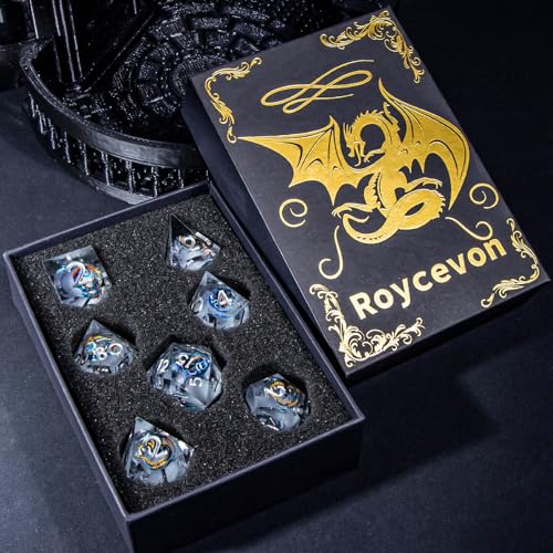 Roycevon Dragon Pattern Liquid Core DND Dice Set, 7Pcs Sharp Edge D&D Dice with Gift Box, Blue Resin Dungeons Dragons D and D Role Playing Dice D20 D12 D10 D8 D6 D4 - color: Blue