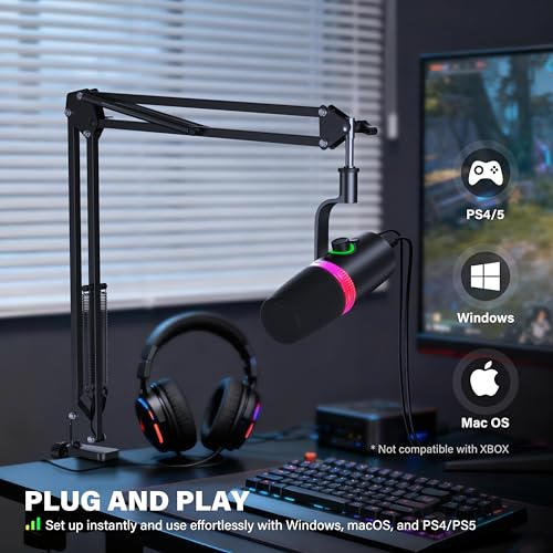 USB Gaming Microphone Set with Boom Arm, XLR/USB Dynamic Microphone for Streaming, Podcast, Twitch, YouTube, Discord, PC, PS4, PS5, Mac, USB Mic with RGB Light, Mute, Gain, Monitoring