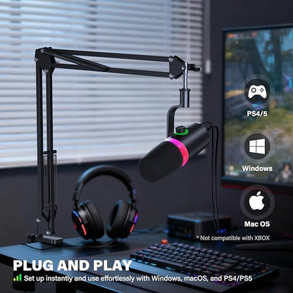 USB Gaming Microphone Set with Boom Arm, XLR/USB Dynamic Microphone for Streaming, Podcast, Twitch, YouTube, Discord, PC, PS4, PS5, Mac, USB Mic with RGB Light, Mute, Gain, Monitoring