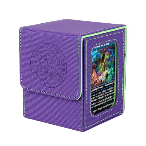 MTG Commander Deck Box with double display windows,Pizza Card Deck Case Fits 100+ Double Sleveed Cards,Magnetic Card Storage Box with 2 Dividers&2 Toploaders for TCG Purple/Green - color: Pizza（Purple/Green）, size: 1 pack