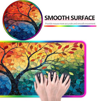RGB Fantasy Tree of Life Gaming Desk Mat, Computer Keyboard Large Extended Long Abstract LED Mouse Pad for Office and Home, XL (W04) - color: Rgb-w04