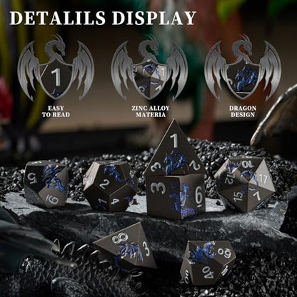 Glitter Blue Dragon Metal Dice Set,7 PCS Heavy Zinc Alloy DND Dice with Magnetic Gift Box for Tabletop RPG & D&D Games (Glitter Blue Dragon) - color: Black With Glitter Blue