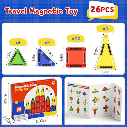 Magnetic Tiles Travel Toys with Storage Case, Portable STEM Building Blocks for 3-8 Year Olds, Toddler Airplane Activities & On-The-Go Birthday Gift for Boys & Girls - style: Magnetic Tiles Travel Construction Set - 26PCS