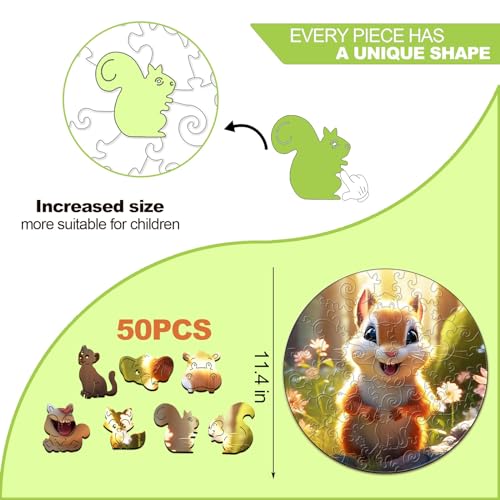 Wooden Puzzles for Kids Ages 4-8, Cute Squirrel Puzzle, Unique Animal Shaped Wooden Jigsaw Puzzles for Kid, 50 Pieces Puzzles for Kids(50pcs,11.4 * 11.4in) - color: Cute Squirrel