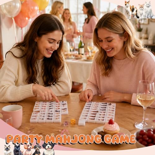 Hollowfly 2 Player Mahjong Block Set with Storage Bags 65 Tiles 30 mm Mahjong Push Tile Game with Animals Pattern No DIY Required for Friend Family Game Night Party Gift - style: Dog and Cat