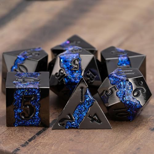 Unique Galaxy Metal DND Dice Set, 7PCS Polyhedral RPG Dice with Glitter River Design for Dungeons and Dragons Tabletop Games - color: Antique Nickel Dark Blue