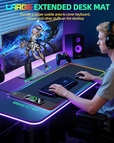 RGB Gaming Mouse Pad with 15W Magnetic Wireless Charging, 31.5"x15.7" | Large Desk Mat, 15 Lighting Mode, Ultra-Smooth Surface, Non-Slip Mousepad, Waterproof Computer Keyboard Pad for Gamer, Black - color: Rgb - 31.5"x15.7" (Magnetic Charging)