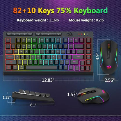 Redragon Wireless Gaming Keyboard and Mouse Combo, Bluetooth/2.4G/USB-C Wired, RGB Backlit, 75% Portable Quiet Rechargeable Macro Membrane Keyboard & 12800 DPI Mouse with Software for Win/MAC - color: Gaming Combo