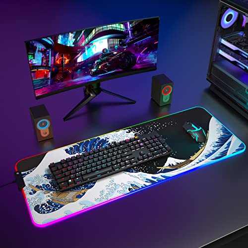 ITNRSIIET RGB Gaming Mouse Pad, Full Desk XL Extended Large Gaming Mousepad, 12 Lighting Modes 30% Thicker Big LED Desk Mat for Gamers, 32 x 12 inches, Japanese Waves - color: Japanese Waves
