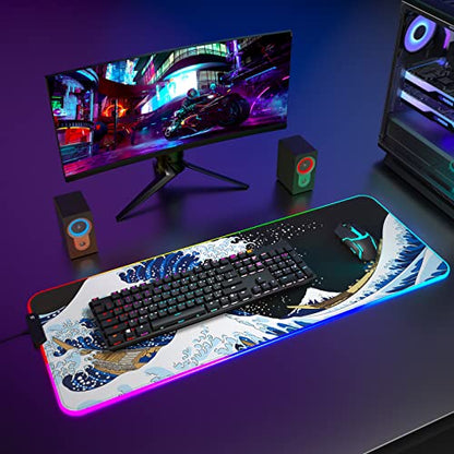 ITNRSIIET RGB Gaming Mouse Pad, Full Desk XL Extended Large Gaming Mousepad, 12 Lighting Modes 30% Thicker Big LED Desk Mat for Gamers, 32 x 12 inches, Japanese Waves - color: Japanese Waves